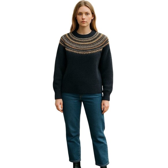 The Reeds Navy Fair Isle Sweater Women S Gold Metallic Knit Winter Cottagecore - Picture 5 of 10